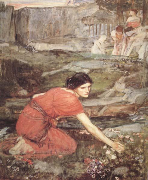 John William Waterhouse Study:Maiidens picking Flowers by a Stream (mk41) Norge oil painting art